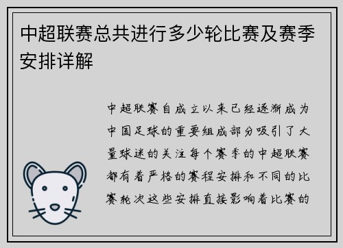 中超联赛总共进行多少轮比赛及赛季安排详解